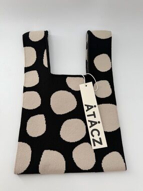 Atacz Bazzer Knitted Square Boxy Mini Tote In Black Polka Dots